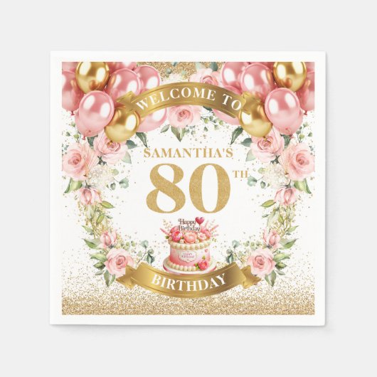 Luxe Blush Bloemen 80e Verjaardag Papieren servett Servet (Voorkant)