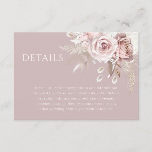 Luxe Blush Bloemen Botanische Bruiloft Details Informatiekaartje (Voorkant)