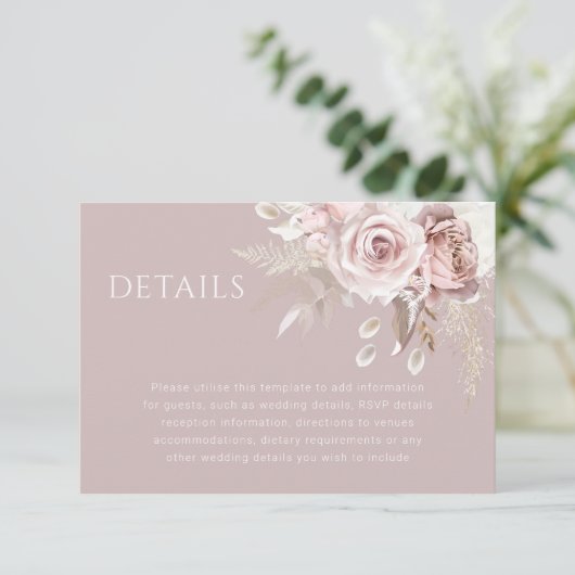 Luxe Blush Bloemen Botanische Bruiloft Details Informatiekaartje (Staand voorkant)