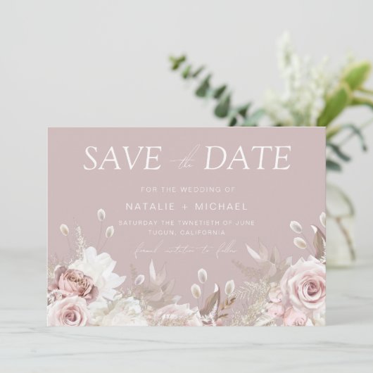 Luxe Blush Bloemen Botanische Bruiloft Save The Date (Staand voorkant)