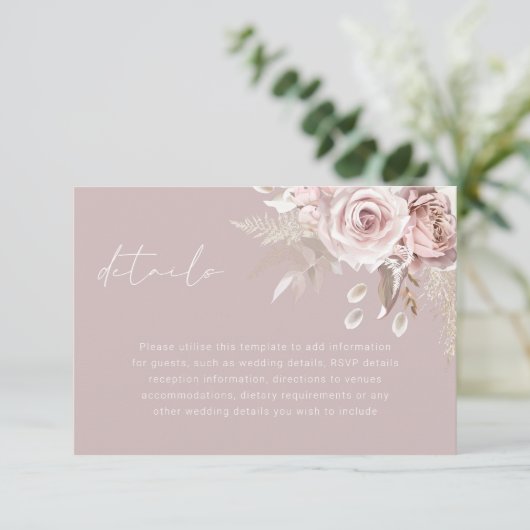 Luxe Blush Bloemen Elegante Bruiloft Details Informatiekaartje (Staand voorkant)