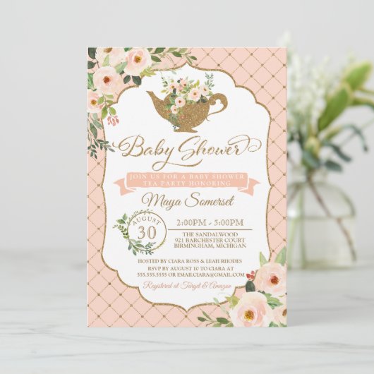 Luxe Blush Bloemen Meisje Tea Party Baby shower Kaart (Staand voorkant)