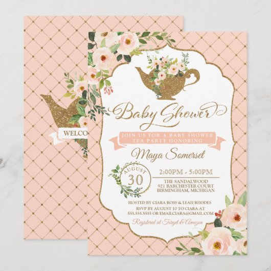 Luxe Blush Bloemen Meisje Tea Party Baby shower Kaart (Voorkant / Achterkant)
