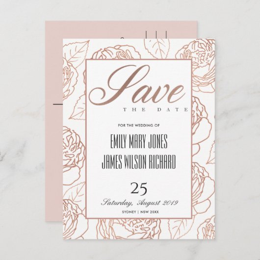 LUXE BLUSH PINK ROSE GOLD FLORAL BEWAREN ONZE DATU AANKONDIGINGSKAART (Voorkant / Achterkant)