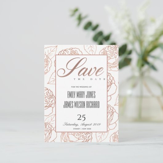 LUXE BLUSH PINK ROSE GOLD FLORAL BEWAREN ONZE DATU AANKONDIGINGSKAART (Staand voorkant)