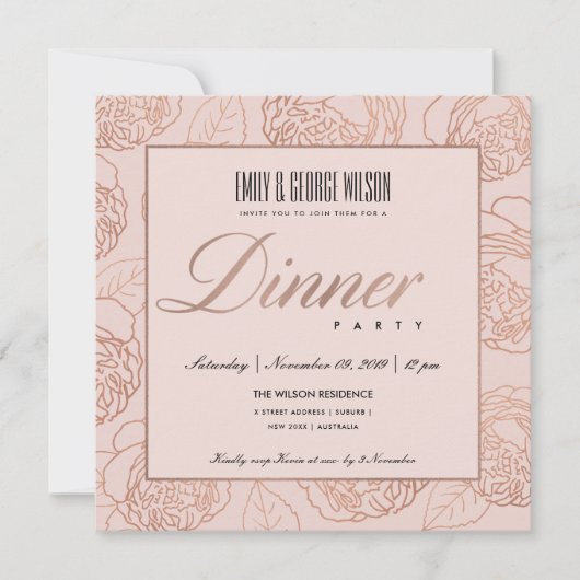 LUXE BLUSH PINK ROSE GOLD FLORAL DINNER PARTY KAART (Voorkant)