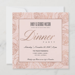 LUXE BLUSH PINK ROSE GOLD FLORAL DINNER PARTY KAART
