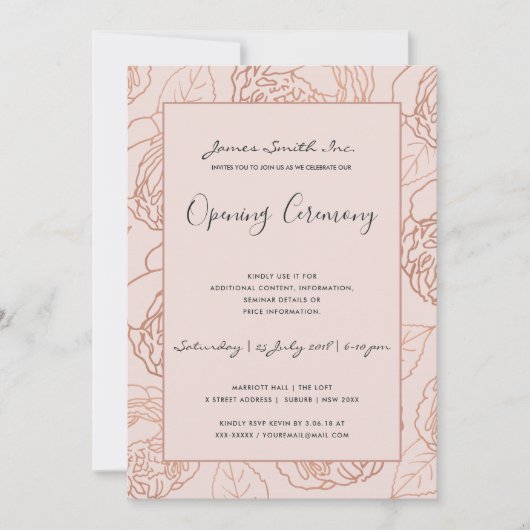 LUXE BLUSH PINK ROSE GOLD FLORAL OPENING CEREMONY KAART (Voorkant)