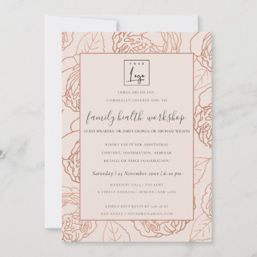 LUXE BLUSH PINK ROSE GOLD FLORAL WORKSHOP EVEN KAART (Voorkant)