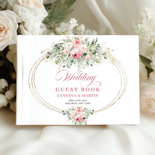 Luxe blush roses greenery gold boho rustic wedding gastenboek
