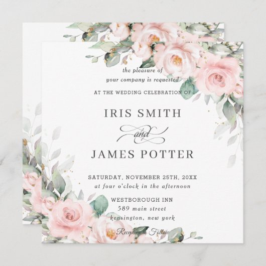 Luxe Blush Roze Bloemen Groen Bruiloft Vierkant Kaart (Voorkant / Achterkant)