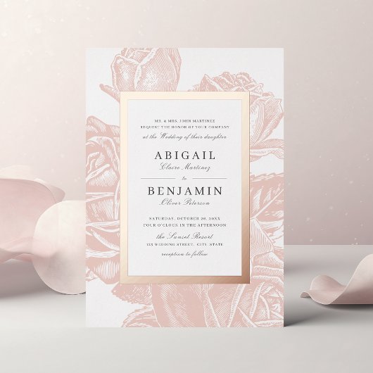 Luxe blush roze goud vintage botanische bruiloft folie uitnodiging