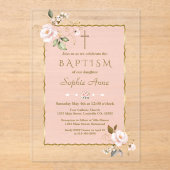 Luxe Blush Roze Gouden Bloemen Meisje Doop Acryl Uitnodigingen (Voorkant)