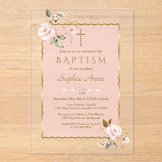 Luxe Blush Roze Gouden Bloemen Meisje Doop Acryl Uitnodigingen (Voorkant)