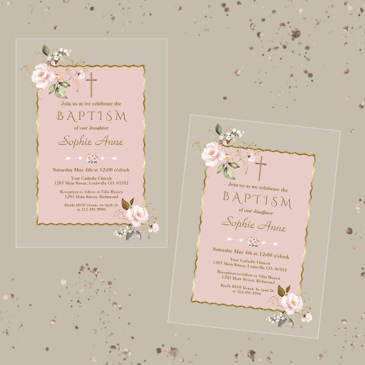 Luxe Blush Roze Gouden Bloemen Meisje Doop Acryl Uitnodigingen