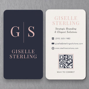 Luxe Blush Roze Monogram Navy Blue QR Code Visitekaartje