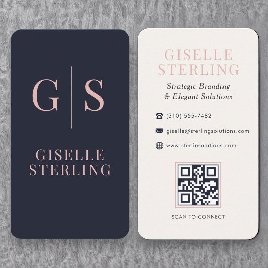 Luxe Blush Roze Monogram Navy Blue QR Code Visitekaartje