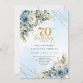 Luxe bohemian blue florals gold 70th birthday kaart (Voorkant)