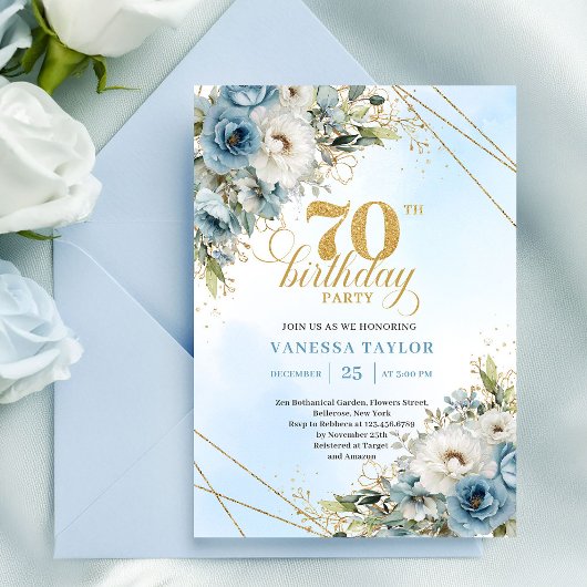 Luxe bohemian blue florals gold 70th birthday kaart