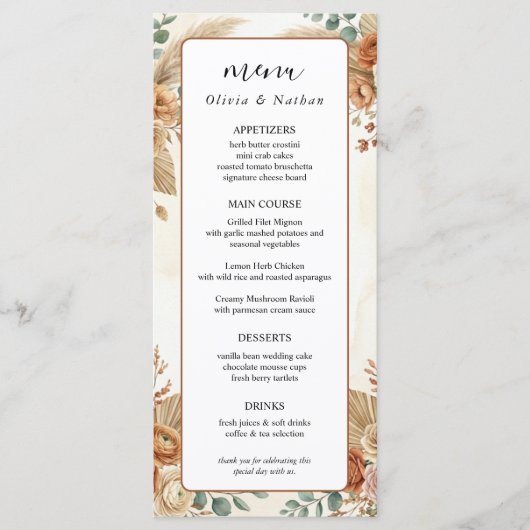 Luxe Boho Bloemstuk Pampas Huwelijksmenu Kaart (Voorkant)