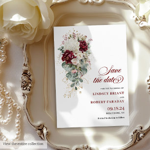 Luxe Boho Bourgogne Witte Bloemen Bewaar de datum Kaart