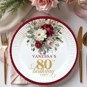 Luxe Boho Burgundy Bloemendecor Goud 80e Verjaarda Papieren Bordje