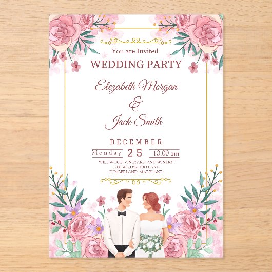 Luxe Boho Floral Greenery Wedding Acryl Uitnodigingen (Voorkant)
