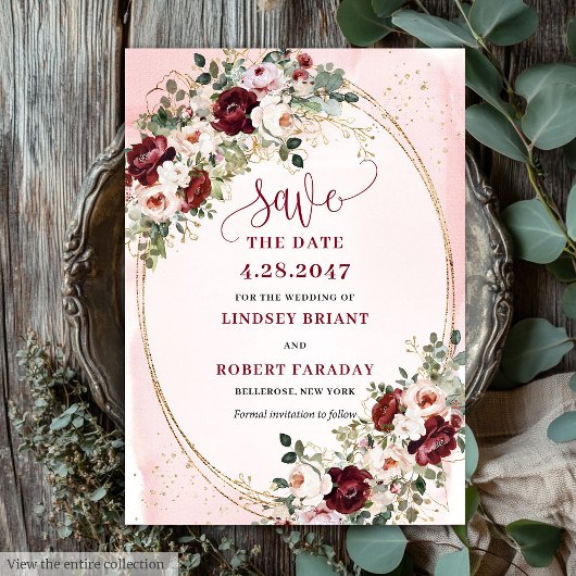 Luxe Boho Maroon Blush Gouden Rozen Bewaar Datum Kaart