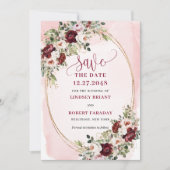 Luxe Boho Maroon Blush Gouden Rozen Bewaar Datum Kaart (Voorkant)