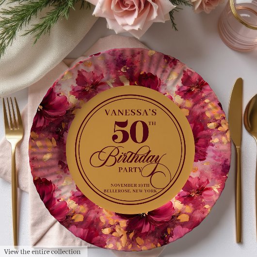 Luxe Boho Marsala Blush Goud 50e Verjaardag Bord