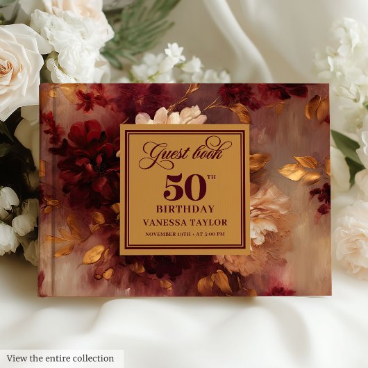 Luxe Boho Marsala Blush Gouden Bloemen 50 Verjaard Gastenboek