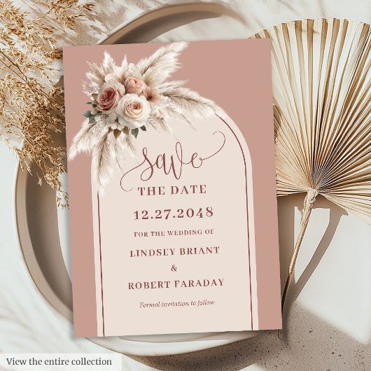 Luxe Boho Stof Roze Bloem Save the Date Kaart