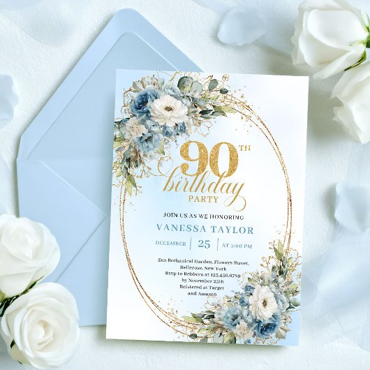 Luxe Boho Stofblauw Witte Bloem 90e Verjaardag Kaart