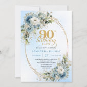 Luxe Boho Stofblauw Witte Bloem 90e Verjaardag Kaart (Voorkant)