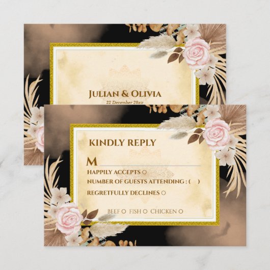 Luxe Boho Zwarte en Gouden RSVP Kaart (Voorkant / Achterkant)