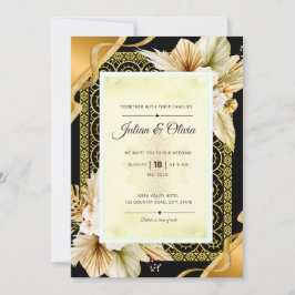 Luxe Boho Zwarte en Gouden Trouwuitnodiging Kaart