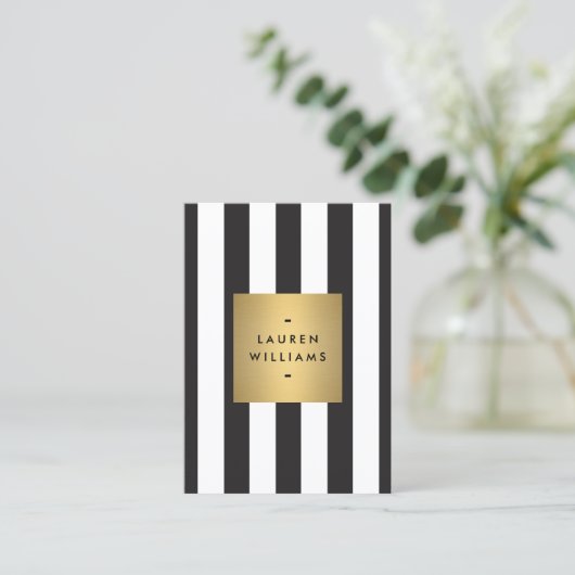 Luxe Bold Black and White Stripes Gold Box Large Visitekaartje (Staand voorkant)