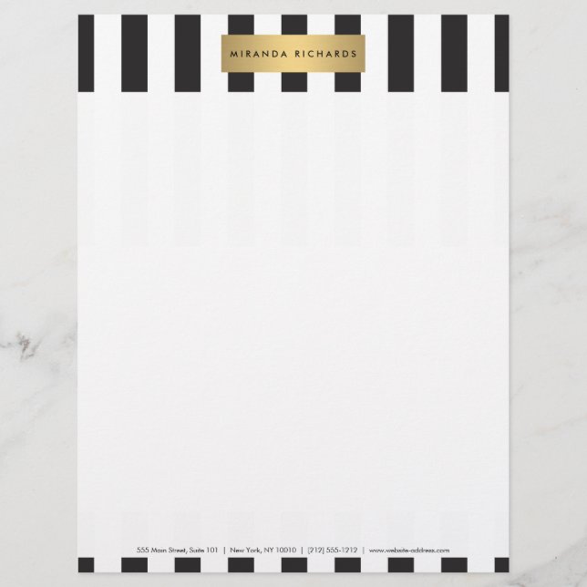 Luxe Bold Black and White Stripes met Gold Bar Gepersonaliseerd Briefhoofd (Voorkant)