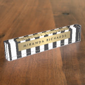 Luxe Bold Black and White Stripes met Gold Bar Naambordje (Zijkant)