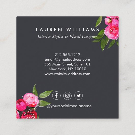 Luxe Bold Waterverf Rozen op Grijs Vierkante Visitekaartje (Achterkant)