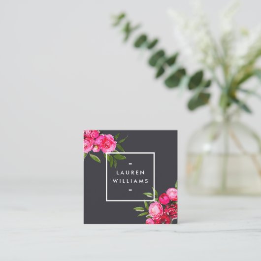 Luxe Bold Waterverf Rozen op Grijs Vierkante Visitekaartje (Staand voorkant)