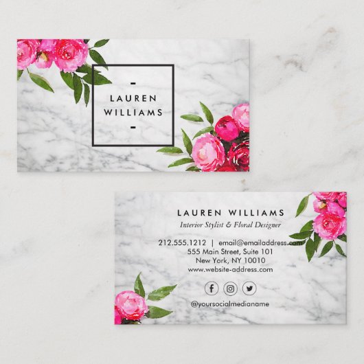 Luxe Bold Waterverf Rozen op Marmer Visitekaartje (Voorkant / Achterkant)