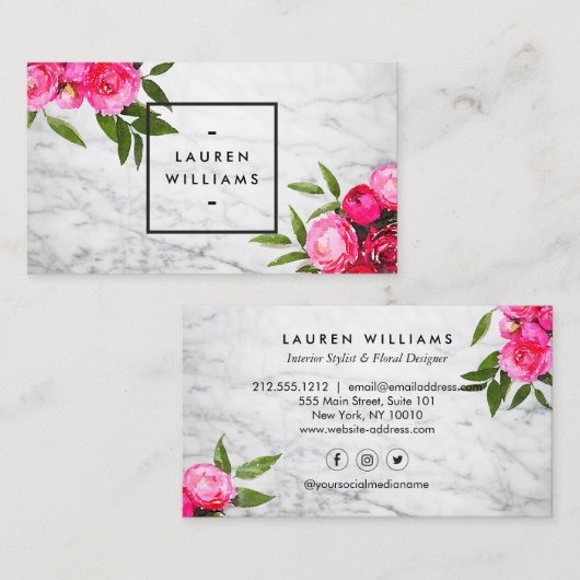 Luxe Bold Waterverf Rozen op Marmer Visitekaartje (Voorkant / Achterkant)