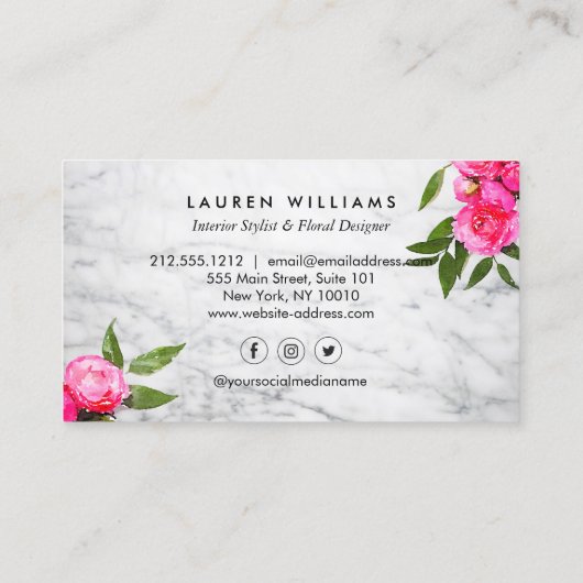 Luxe Bold Waterverf Rozen op Marmer Visitekaartje (Achterkant)