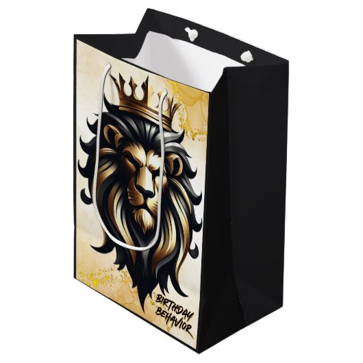 Luxe Bold Zwart en Gouden Leeuw met Kroon Medium Cadeauzakje (Voorkant Gekanteld)
