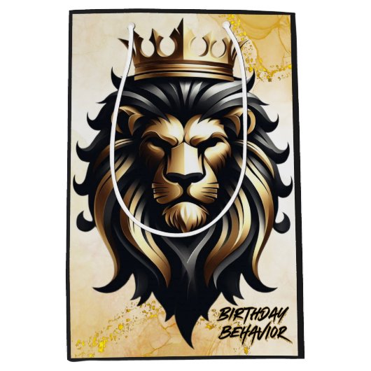 Luxe Bold Zwart en Gouden Leeuw met Kroon Medium Cadeauzakje (Voorkant)