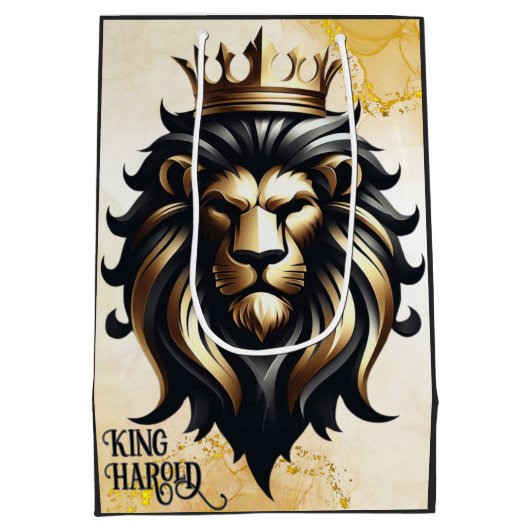 Luxe Bold Zwart en Gouden Leeuw met Kroon Medium Cadeauzakje (Achterkant)