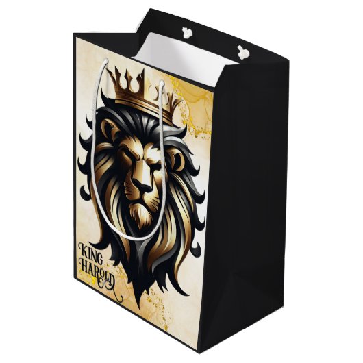 Luxe Bold Zwart en Gouden Leeuw met Kroon Medium Cadeauzakje (Achterkant Gekanteld)