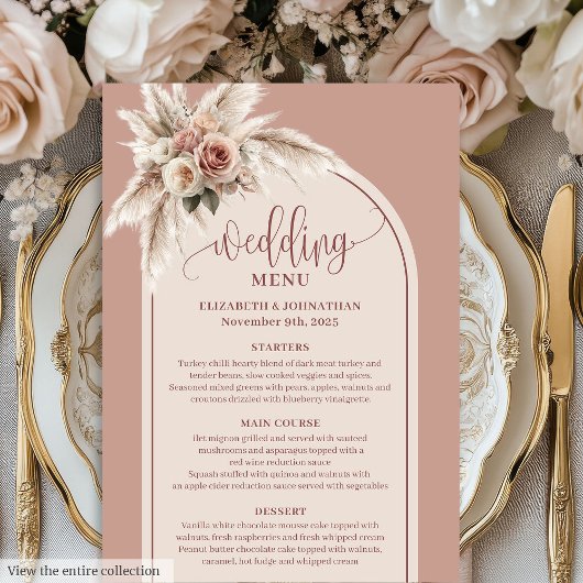 Luxe Boog Pastel Roze Pampas Bloem Bruiloftsmenu Menu