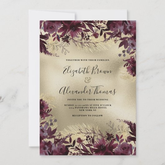 Luxe bordeaux goud glitter bloemenbruiloft kaart (Voorkant)